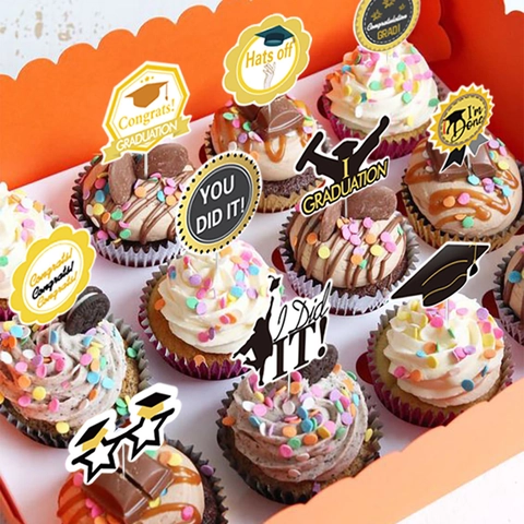 Graduation Ceremony Cupcake Toppers Black Gold Paper Cake Decoration Wood Sticks Party Decorative Picks For Celebration