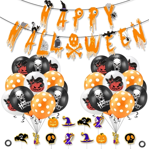 Halloween Party Decoration Set Happy Halloween Banner Latex Balloons Cake Toppers Horror Cat Skull Pumpkin Bat Ghost Festive Supplies