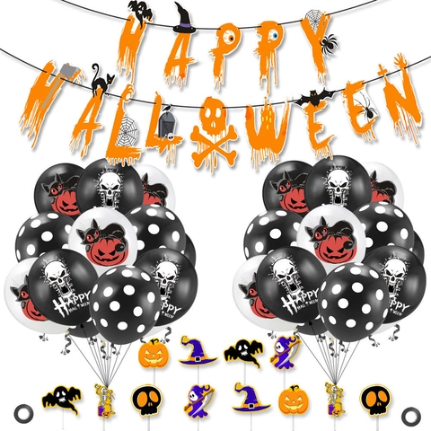Halloween Party Decoration Set Happy Halloween Banner Latex Balloons Cake Toppers Horror Cat Skull Pumpkin Bat Ghost Festive Supplies
