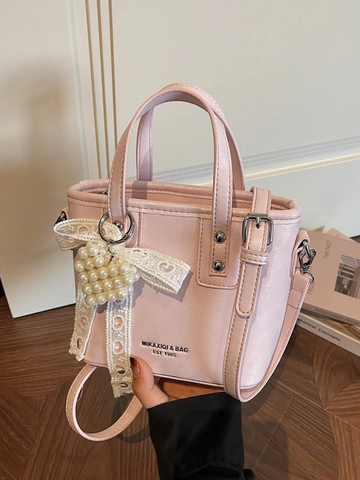 Fashion Women PU Leather Bucket Bag Pearl Heart Lace Bow Decor Crossbody Handbag Stylish Ladies Shoulder Bag Daily Mini Purse