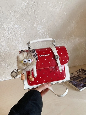 Korean Style Minimalist Polka Dot PU Leather Shoulder Bag For Women Fashion Small Handbag With Plush Monster Charm Crossbody Bag