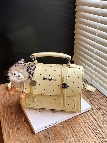 Korean Style Minimalist Polka Dot PU Leather Shoulder Bag For Women Fashion Small Handbag With Plush Monster Charm Crossbody Bag