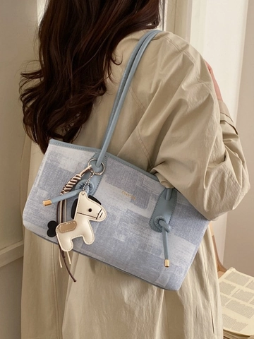 Damen Große Kapazität PU Leder Tote Bag Chic Geometrische Textur Umhängetasche Minimalistische Pendler Handtasche Mit Pony Anhänger