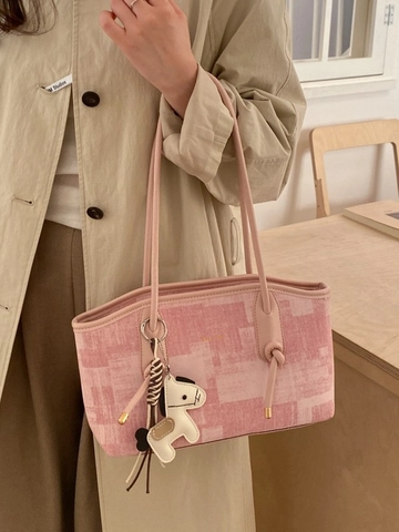 Damen Große Kapazität PU Leder Tote Bag Chic Geometrische Textur Umhängetasche Minimalistische Pendler Handtasche Mit Pony Anhänger