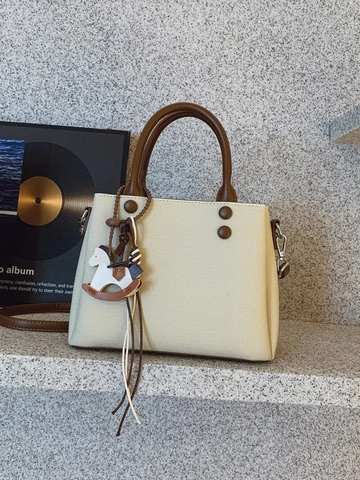 Fashion Contrast Color Women Shoulder Bag Large Capacity PU Leather Handbag With Horse Charm Retro Square Crossbody Bag For Commuting Daily