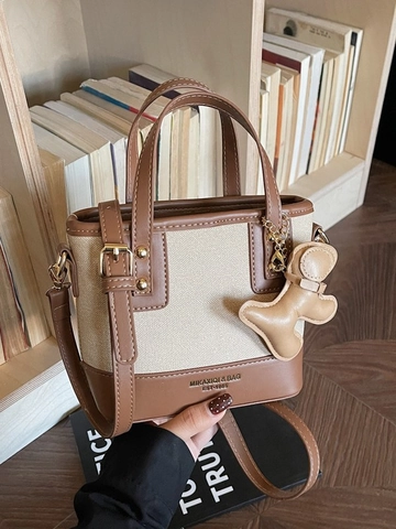 Damen Retro Farbblock Schultertasche PU Leder Spleißen Handtasche Vielseitige Umhängetasche Eimer Tote Bag Mit Anhänger Für Alltag