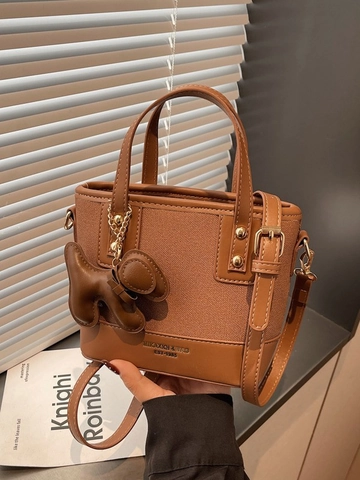 Damen Retro Farbblock Schultertasche PU Leder Spleißen Handtasche Vielseitige Umhängetasche Eimer Tote Bag Mit Anhänger Für Alltag
