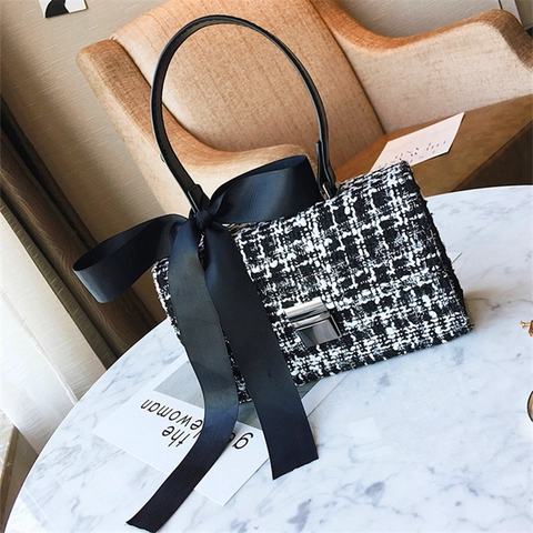 Women Tweed Small Square Bag Elegant Bow Decoration PU Leather Handle Shoulder Crossbody Handbag For Daily Party Fashion