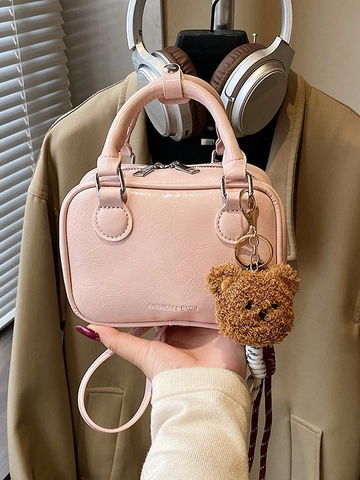 Damen Retro PU Leder Schultertasche Einfache Kleine Quadratische Handtasche Mini Umhängetasche Mit Plüschbär Anhänger Mode
