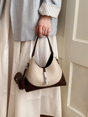 Damen Retro Lychee Muster PU Leder Hobo Tasche Kontrastfarbe Schultertasche Mit Mini Beutel Elegante Pendeln Unterarmtasche