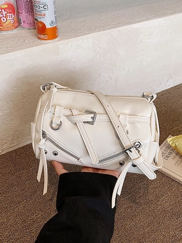 Damen Mode PU Leder Motorrad Schultertasche Glänzend Umhängetasche Barrel Bag Mit Reißverschluss Nieten Detail Streetwear