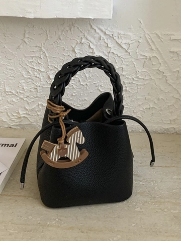 Bolso Cubo de Cuero PU para Mujer Minimalista Grano de Lichi Bolso de Mano Con Asa Tejida Colgante de Caballito Bolso Bandolera