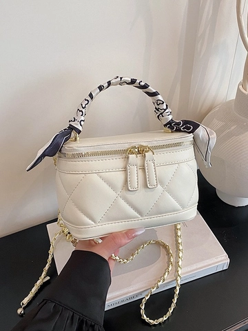 Mini Borsa a Mano Trapuntata da Donna Con Manico in Sciarpa di Satin Pelle PU Motivo a Rombi Catena Oro Tracolla