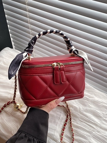 Mini Borsa a Mano Trapuntata da Donna Con Manico in Sciarpa di Satin Pelle PU Motivo a Rombi Catena Oro Tracolla