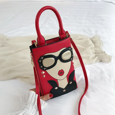 Fashion Cartoon Girl Face PU Leather Tote Bag Rivet Crossbody Mobile Phone Bag For Women Trendy Color Blocking Handbag