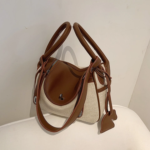 Mode Damen PU Leder Canvas Gespleißte Schultertasche Farbkontrast Handtasche Mit Pferdeanhänger淑女斜挎包