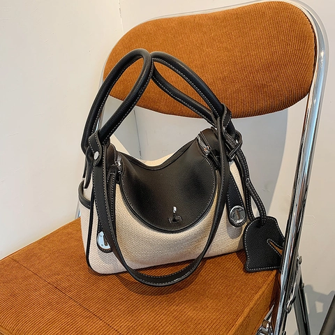 Mode Damen PU Leder Canvas Gespleißte Schultertasche Farbkontrast Handtasche Mit Pferdeanhänger淑女斜挎包