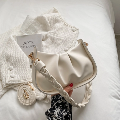 Women Pleated PU Leather Underarm Bag Ruched Shoulder Bag With Braided Strap Solid Color Korean Style Crossbody Handbag