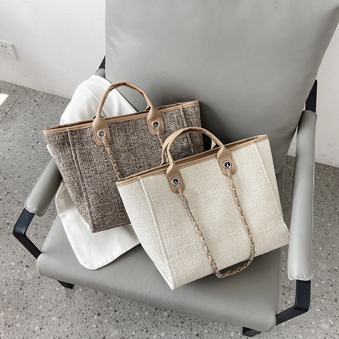 Damen Große Kapazität Polyester Tote Bag Tweed Struktur Metallkette Umhängetasche Retro Nähte Handtasche Für Damen Alltag
