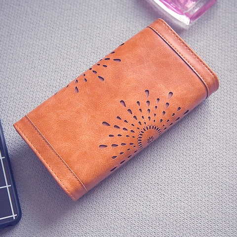 Vintage Hollow Out Women Long Wallet PU Leather Multi Card Slot Clutch Bag Casual Practical Purse Black Brown