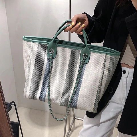 Fashion Striped Canvas Tote Bag For Women Large Capacity Shoulder Bag With Chain Strap Casual Daily Commute Handbag