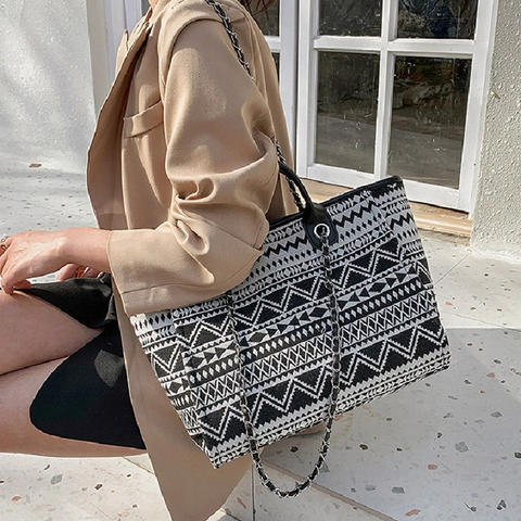 Bolso Tote de Lona Geométrico Étnico para Mujer Gran Capacidad Bolso de Hombro Cadena Bohemio Western Retro Bolso de Viaje