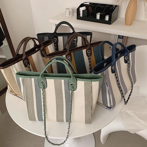 Damen Große Kapazität Gestreifte Leinwand Tragetasche Mit Kette Mode Koreanischen Stil Schultertasche Für Den Täglichen Pendelverkehr