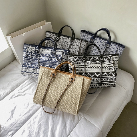 Bolso Tote de Lona Geométrico Étnico para Mujer Gran Capacidad Bolso de Hombro Cadena Bohemio Western Retro Bolso de Viaje