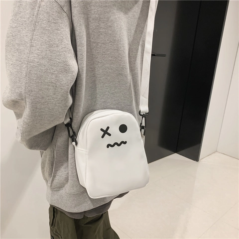 Harajuku Stil Segeltuch Umhängetasche Für Damen Herren Lustiger Ausdruck Geistergesicht Druck Kleine Quadratische Schultertasche Streetwear Lässig Alltag Tasche