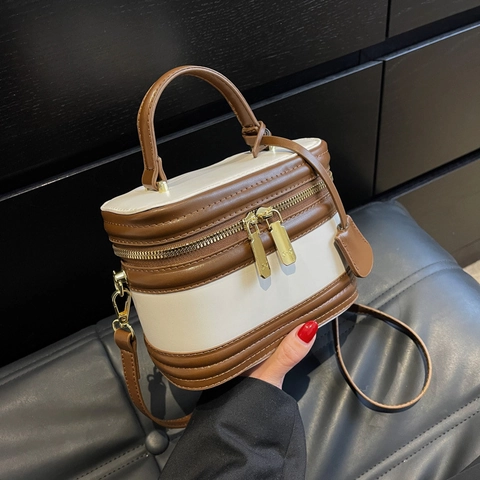 Vintage PU Leder Box Umhängetasche Für Damen Kontrastfarbe Handtasche Kosmetikkoffer Mode Tasche Mit Doppelreißverschluss