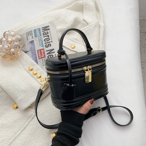 Vintage PU Leder Box Umhängetasche Für Damen Kontrastfarbe Handtasche Kosmetikkoffer Mode Tasche Mit Doppelreißverschluss