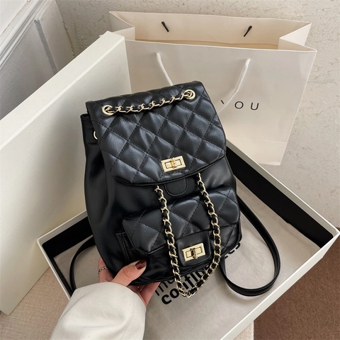 Mochila de Cuero de Poliuretano Acolchada de Rombos a la Moda para Mujer Con Cadenas Doradas Bolso de Viaje Elegante Pequeño