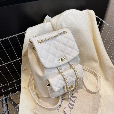 Mochila de Cuero de Poliuretano Acolchada de Rombos a la Moda para Mujer Con Cadenas Doradas Bolso de Viaje Elegante Pequeño