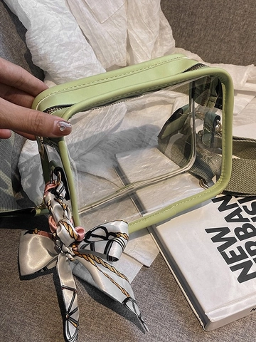 Fashion Clear PVC Jelly Crossbody Bag For Women Transparent Square Bag With Printed Scarf Decoration Wide Strap Street Style Mini Purse