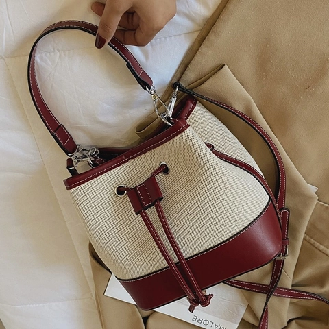 Mode Femmes Canevas PU Cuir Patchwork Sac Seau Couleur Contrastée Cordon Bandoulière Sac à Main Vintage Décontracté