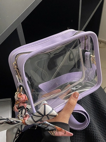 Fashion Clear PVC Jelly Crossbody Bag For Women Transparent Square Bag With Printed Scarf Decoration Wide Strap Street Style Mini Purse
