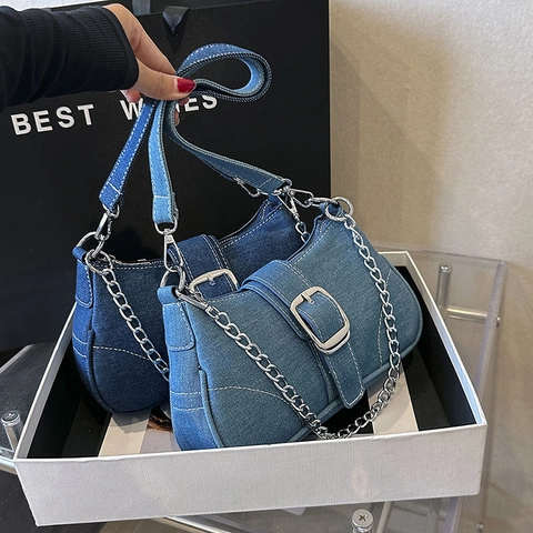 Women Vintage Oxford Cloth Denim Style Crossbody Bag Retro Small Square Bag With Metal Chain Square Buckle Daily Shoulder Bag