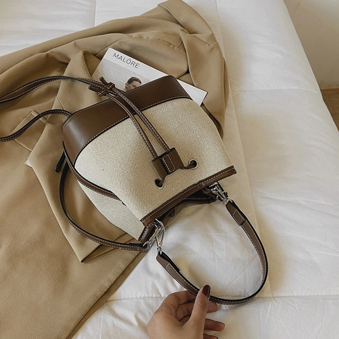 Mode Femmes Canevas PU Cuir Patchwork Sac Seau Couleur Contrastée Cordon Bandoulière Sac à Main Vintage Décontracté