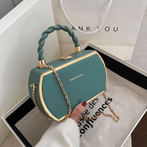 Women PU Leather Box Crossbody Bag Hexagon Shape Chain Shoulder Bag With Braided Handle Metal Frame Elegant Handbag