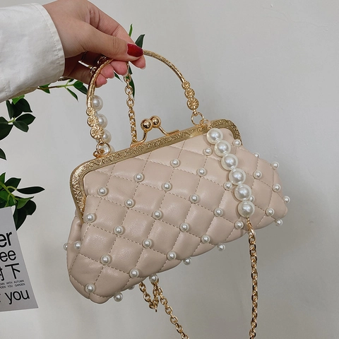 Borsa a Spalla Trapuntata con Perle Retrò per Donna Moda in Pelle PU Borsa a Tracolla con Catena in Metallo Elegante Borsa da Sera