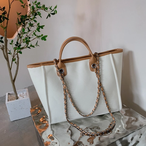 Damen Canvas Tragetasche Mit Großer Kapazität Westliche Mode Kontrastfarbe Handtasche Mit Kettenschultergurt Lässige Schultertasche