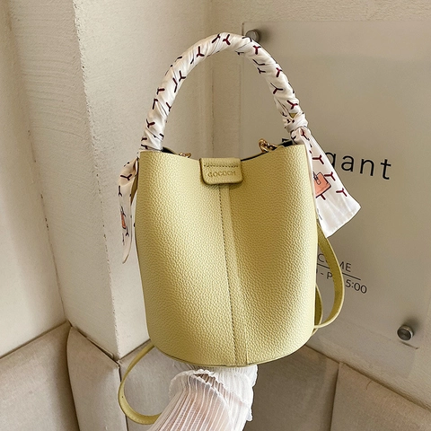 Women Trendy PU Leather Bucket Bag with Litchi Texture and Decorative Silk Scarf Handle Fashion Crossbody Handbag for Women