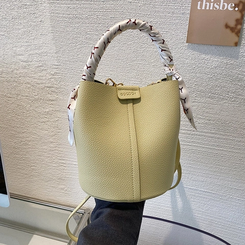 Women Trendy PU Leather Bucket Bag with Litchi Texture and Decorative Silk Scarf Handle Fashion Crossbody Handbag for Women