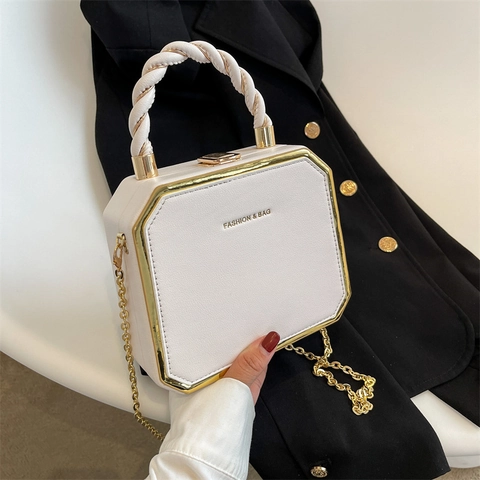 Borsa a Tracolla Ottagonale in Pelle PU da Donna Con Bordo in Metallo Oro Catena a Mano Con Manico Intrecciato Street Chic