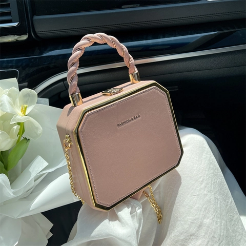 Borsa a Tracolla Ottagonale in Pelle PU da Donna Con Bordo in Metallo Oro Catena a Mano Con Manico Intrecciato Street Chic