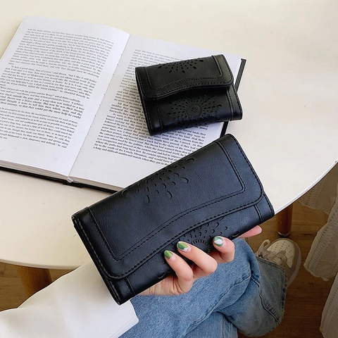 Vintage PU Leder Hohlraum Clutch Geldbörse Damen Lasergeschnitten Blumen Dreifach Gefaltet Portemonnaie Magnetverschluss Handtasche