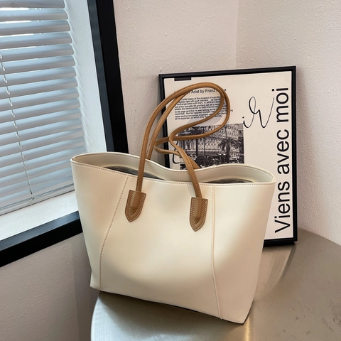 Minimalist Large Capacity Women Tote Bag PU Leather Commuter Shoulder Bag With Contrast Stitching Fashion Shopping Handbag