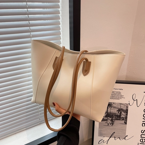 Minimalist Large Capacity Women Tote Bag PU Leather Commuter Shoulder Bag With Contrast Stitching Fashion Shopping Handbag