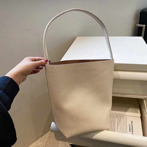 Minimalistische Damen Eimer Tasche Aus PU-Leder Große Kapazität Umhängetasche Mode Lychee-Muster Schulterhandtasche Für Pendeln Alltag