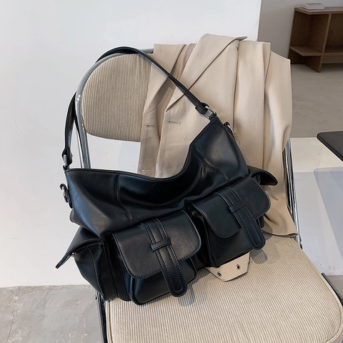 Borsa a Spalla da Donna Grande Capacità Stile Utility in Pelle PU Vintage Multitasca Borsa Tote Casual da Pendolare